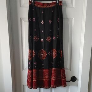 Willi Smith Maxi Skirt Sz 6 Black & Red Indian Sari-Style W/ Embroidered Mirrors
